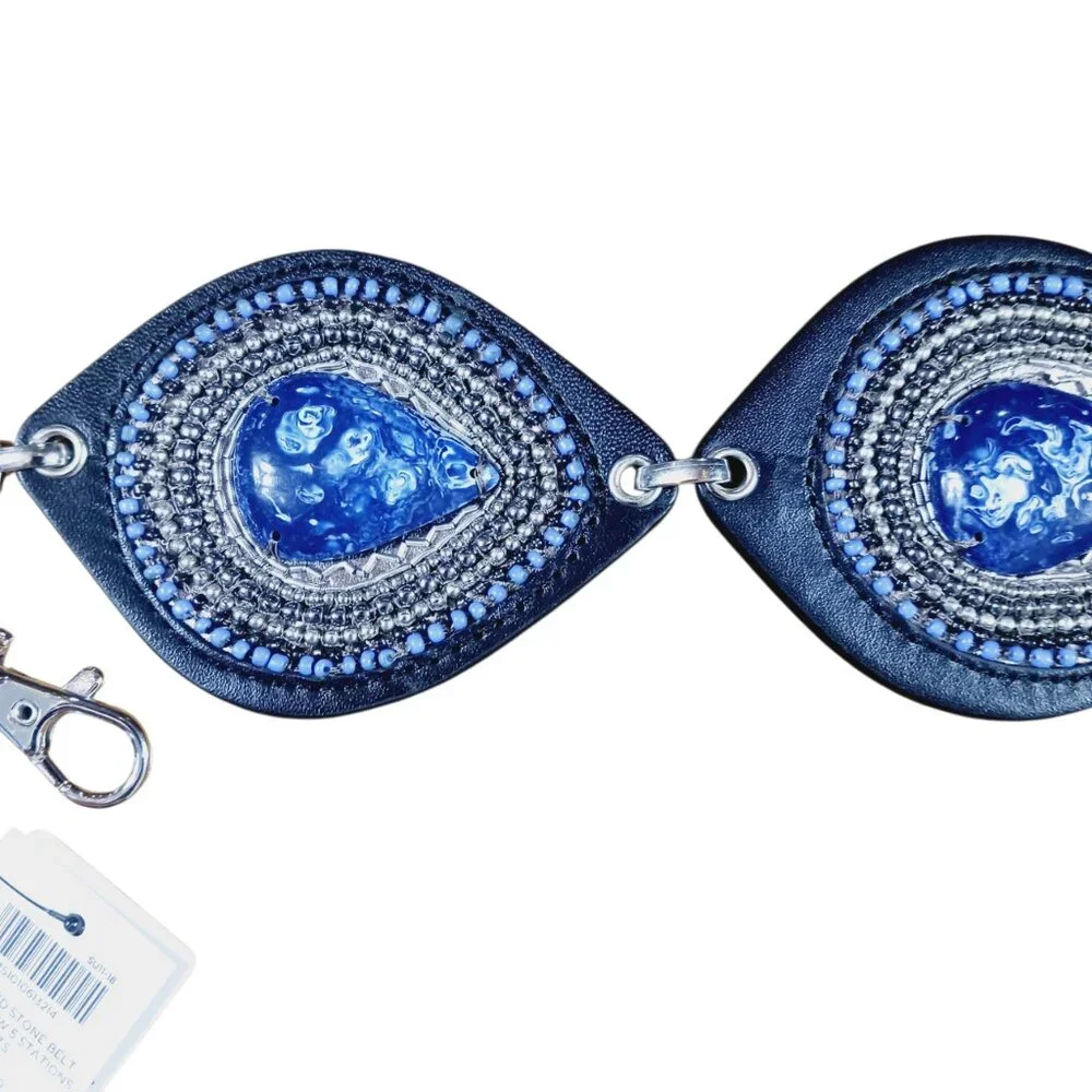 NWT Chico's Blue Faux Stone Silver Chain Link Statement Belt, M/L, Boho, Western